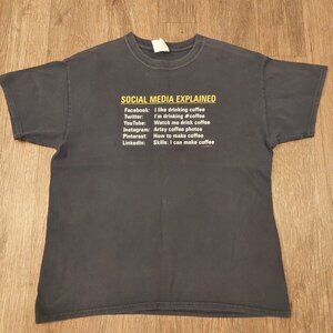 Social Media Explained Blue T-Shirt Coffee Theme Size XL Funny Design